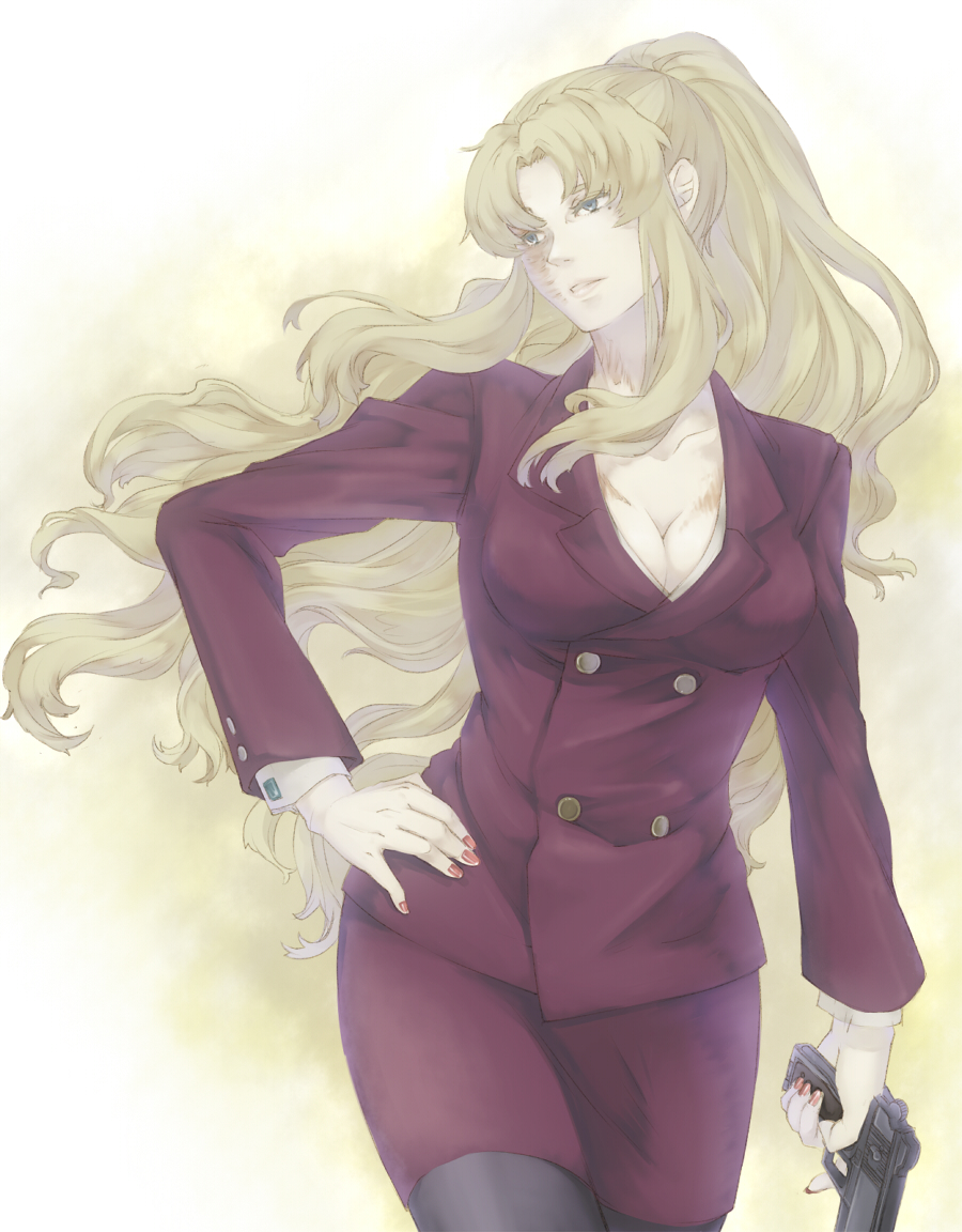black_lagoon, blonde_hair, blue_eyes, breasts, chito04, cleavage, formal, gun, hand_on_hip, long_hair, nail_polish, pantyhose, scar, skirt_suit, stechkin_aps, suit, weapon