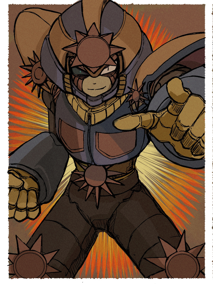 1boy, 655rcc, arm_armor, armor, belt, black_bodysuit, black_eyes, black_sclera, blue_armor, blue_eyes, blue_helmet, bodysuit, border, brown_background, clenched_hand, colored_sclera, commentary_request, cowboy_shot, explosion, gloves, heterochromia, highres, index_finger_raised, joints, light_smile, looking_at_viewer, male_focus, mega_man_(classic), mega_man_(series), mega_man_v, pointing, pointing_at_viewer, robot_joints, shoulder_armor, smirk, solo, sun_symbol, sunstar_(mega_man), white_border, yellow_belt, yellow_gloves