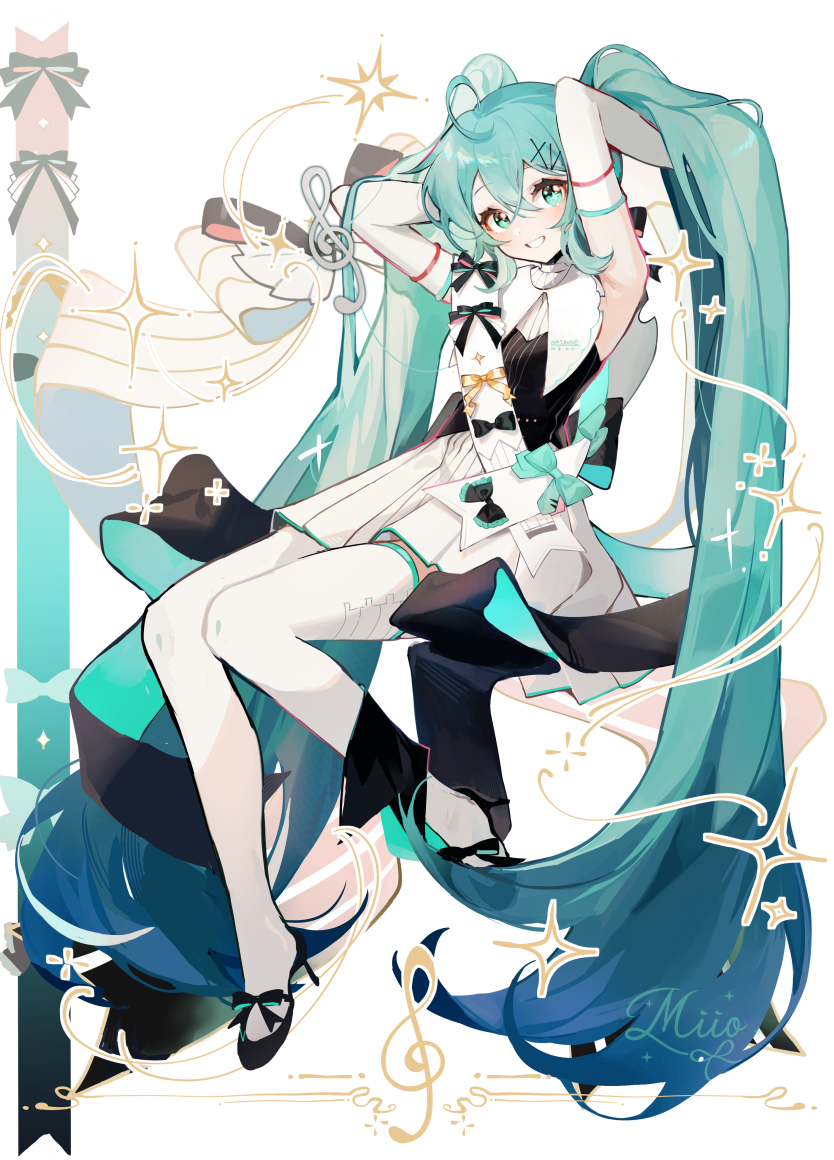 1girl, ahoge, aqua_eyes, aqua_hair, arin_(fanfan013), artist_name, bare_shoulders, black_bow, black_footwear, black_vest, blue_hair, bow, commentary, detached_sleeves, dress, eyelashes, footwear_bow, full_body, gold_bow, gradient_hair, grin, hair_between_eyes, hair_ornament, hairclip, halter_dress, halterneck, hands_in_hair, hatsune_miku, high_heels, light_blush, long_hair, long_sleeves, miku_symphony_(vocaloid), multicolored_hair, musical_note, pillar, pleated_dress, sash, short_dress, simple_background, sitting, smile, solo, sparkle, straight_hair, symbol-only_commentary, thigh-highs, treble_clef, twintails, very_long_hair, vest, vocaloid, white_background, white_dress, white_sash, white_sleeves, white_thighhighs, x_hair_ornament