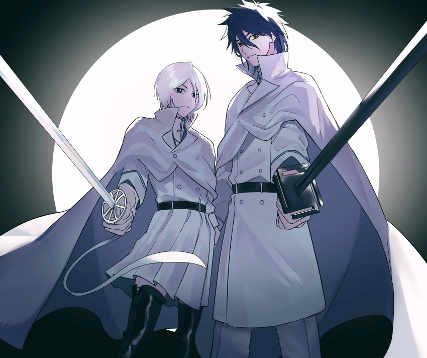 1boy, 1girl, absurdres, alternate_costume, arm_at_side, backlighting, bankai, belt, black_belt, black_footwear, black_hair, bleach, bleach:_sennen_kessen-hen, boots, cloak, closed_mouth, commentary_request, double-parted_bangs, feet_out_of_frame, fighting_stance, gwao_(_ul_13), hair_between_eyes, hakka_no_togame_(bankai), highres, holding, holding_sword, holding_weapon, katana, korean_commentary, kuchiki_rukia, kurosaki_ichigo, long_ribbon, looking_at_viewer, mugetsu_form_(bleach), pants, pleated_skirt, red_eyes, ribbon, serious, shirt, short_hair, side-by-side, simple_background, skirt, spiky_hair, standing, sword, tensa_zangetsu_(bankai), thigh_boots, tsurime, violet_eyes, wandenreich_uniform, weapon, white_cloak, white_hair, white_pants, white_ribbon, white_shirt, white_skirt, zettai_ryouiki