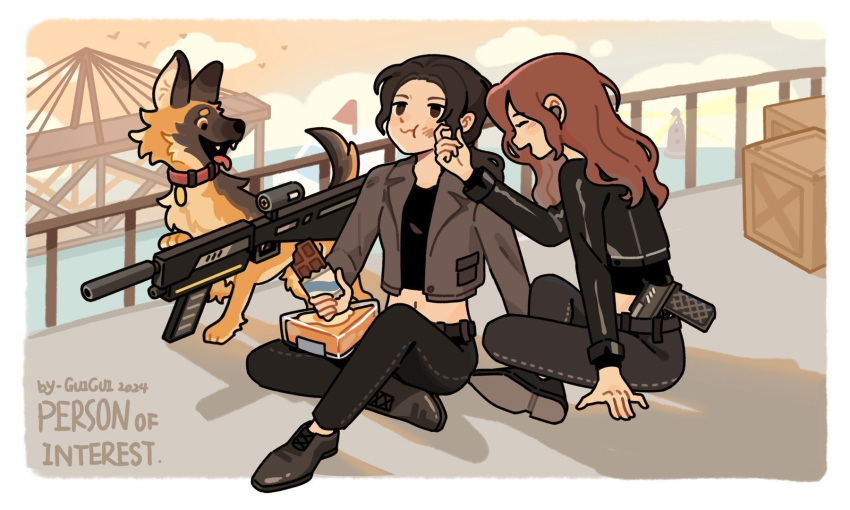 2girls, :t, animification, artist_name, belt, bird, black_belt, black_bird