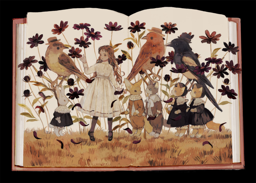 1girl, animal, bird, black_bonnet, black_border, black_bow, black_bowtie, black_dress