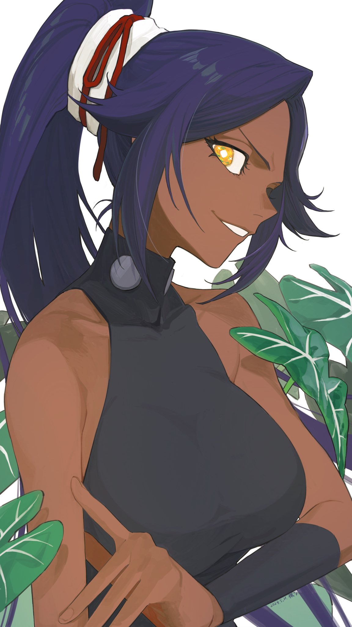 1girl, 2024, arm_at_side, arm_under_breasts, arm_warmers, artist_name, bare_shoulders, black_leotard, bleach, breasts, bright_pupils, collarbone, commentary, dark-skinned_female, dark_skin, dated, eyelashes, grin, hair_ribbon, highres, index_finger_raised, jou_(jo_jjo), large_breasts, leaf, leotard, long_hair, looking_at_viewer, one_eye_closed, parted_bangs, ponytail, profile, purple_hair, red_ribbon, ribbon, shihouin_yoruichi, sidelocks, simple_background, smile, solo, tsurime, upper_body, v-shaped_eyebrows, very_long_hair, white_background, white_pupils, yellow_eyes