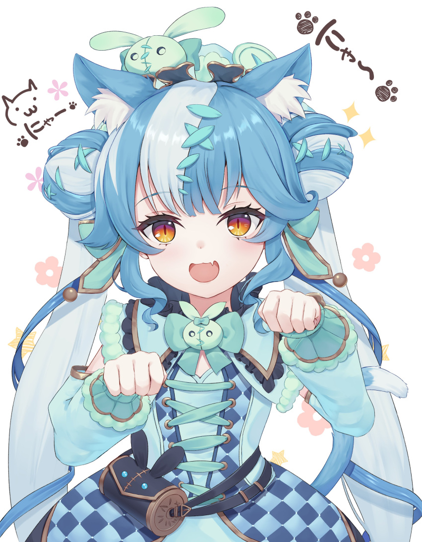 1girl, absurdres, animal_ears, blue_hair, blush, cat_ears, double_bun, fang