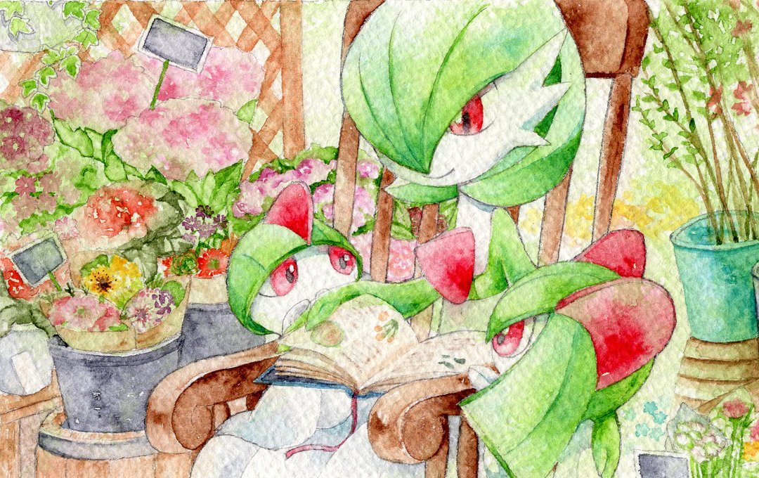 bob_cut, book, chair, colored_skin, flower, gardevoir, green_hair, hair_over_one_eye, holding, holding_book, horns, kirlia, multicolored_skin, nameko_(padoco), painting_(medium), pink_eyes, plant, pokemon, pokemon_(creature), potted_plant, ralts, sidelocks, sitting, smile, traditional_media, two-tone_skin, watercolor_(medium), white_skin