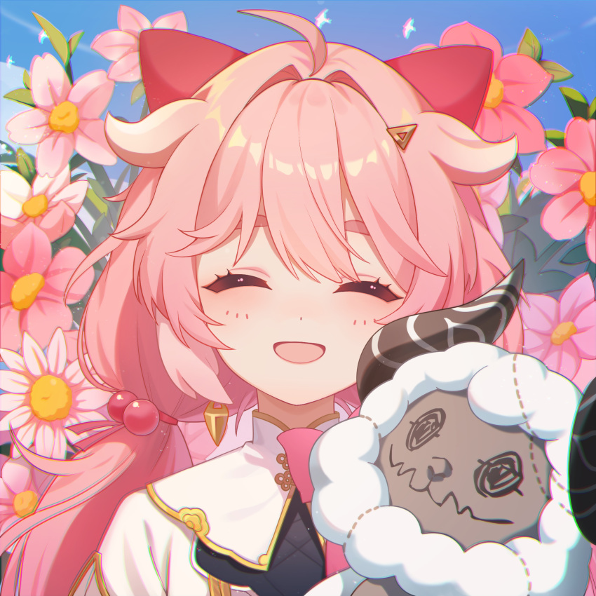 1girl, :d, ^_^, ahoge, bird, blue_sky, blush, bow