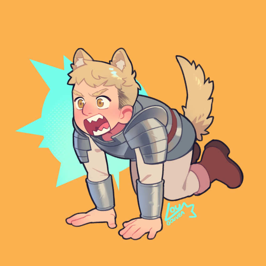 1boy, all_fours, animal_ears, armor, barking, blonde_hair, boots, brown_footwear, chibi, dog_boy, dog_ears, dog_tail, dungeon_meshi, full_body, highres, laios'_intimidation, laios_touden, looking_to_the_side, lougouvea, male_focus, orange_background, pauldrons, plate_armor, short_hair, shoulder_armor, signature, solo, tail, vambraces