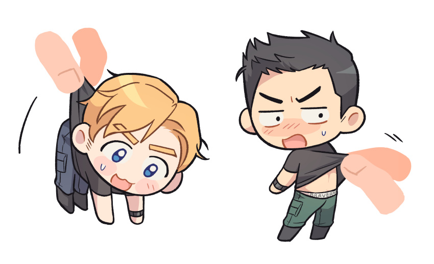 2boys, ao_isami, between_fingers, big_head, black_hair, black_shirt, blonde_hair, blue_eyes