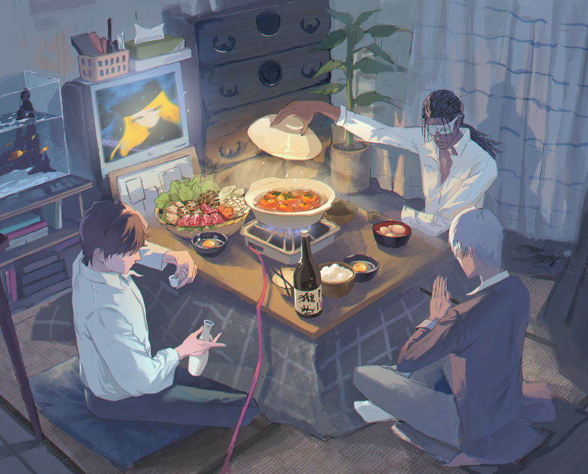 3boys, absurdres, aizen_sousuke, aquarium, black_hair, bleach, bottle, brown_hair