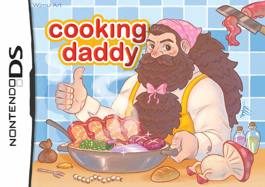 1boy, apron, artist_name, beard, beard_bow, blue_background, bottle, bow