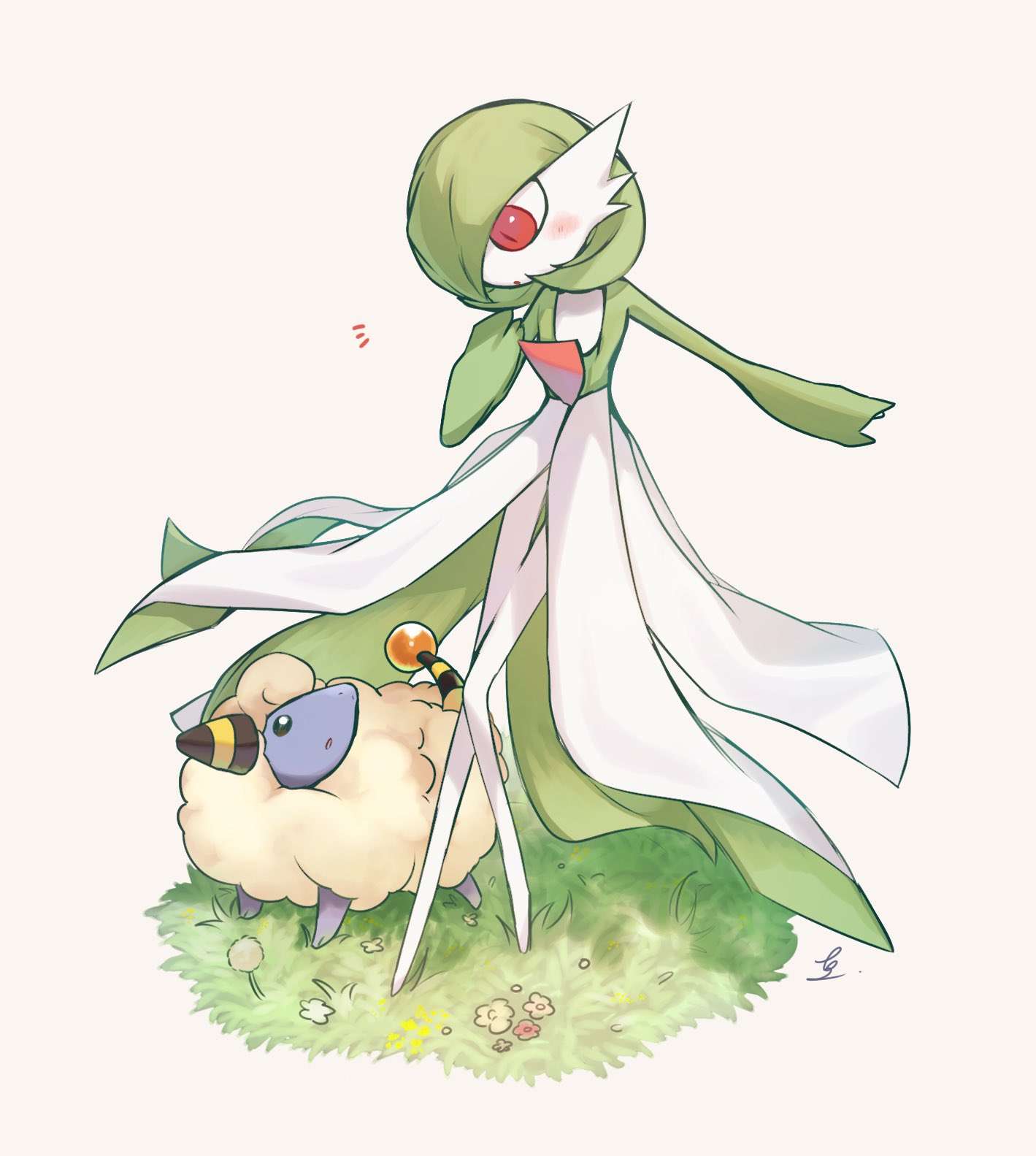 black_eyes, blue_skin, blush, bob_cut, colored_skin, dress, gardevoir, grass