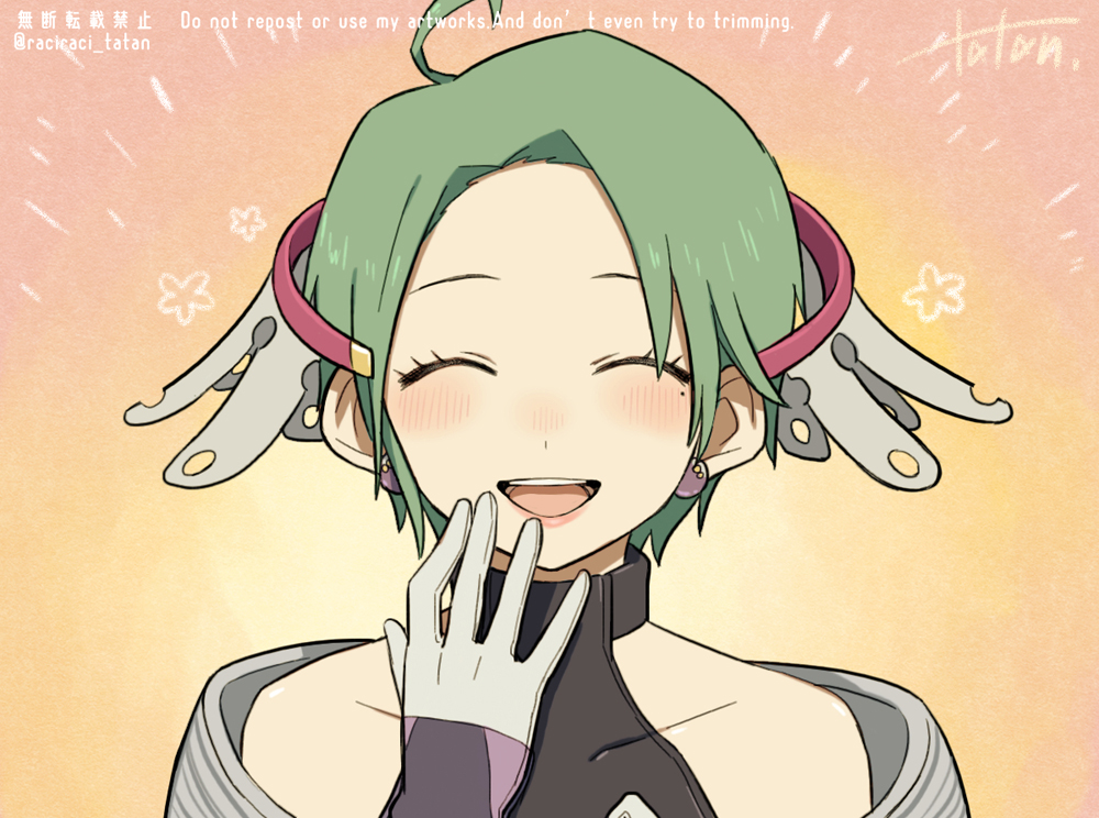 1girl, artist_name, bare_shoulders, closed_eyes, dress, gloves, gnosia, green_hair
