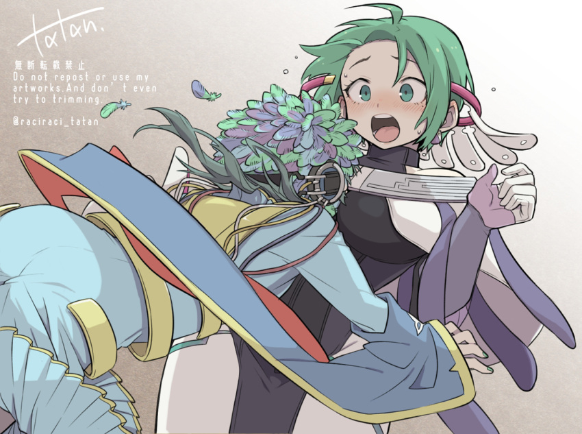 1girl, 1other, androgynous, bare_shoulders, dress, feathers, gloves, gnosia