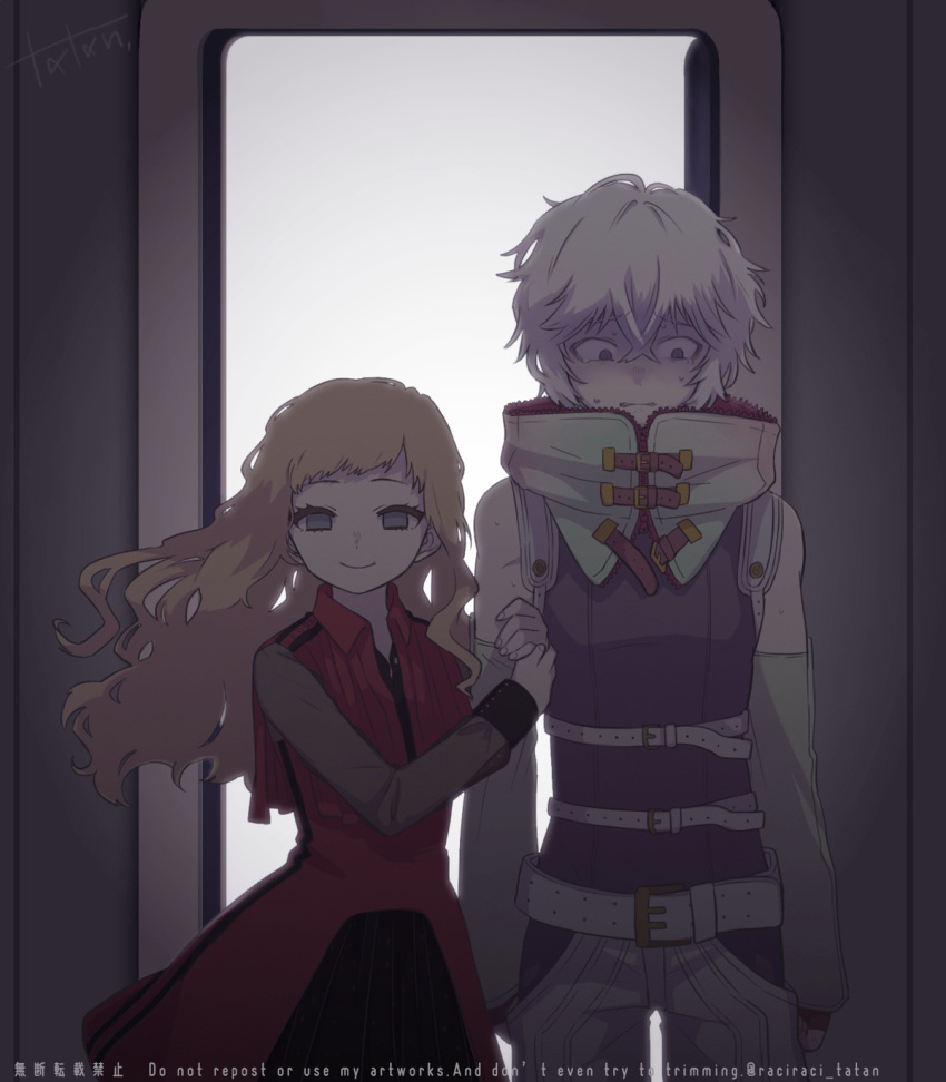 1boy, 1girl, bags_under_eyes, brown_hair, detached_sleeves, eyelashes, gnosia, grey_eyes