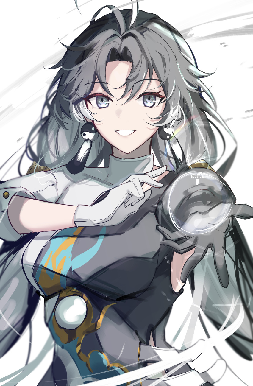 1girl, :d, absurdres, ahoge, ball, black_eyes, black_hair, black_shirt, black_tassel, commentary, earrings, english_commentary, highres, holding, holding_ball, huge_ahoge, jewelry, jianxin_(wuthering_waves), long_hair, looking_at_viewer, outstretched_arm, parted_bangs, shirt, smile, solo, sparks_summer, straight-on, teeth, two-tone_shirt, upper_body, white_background, white_shirt, white_tassel, wuthering_waves, yin_yang, yin_yang_earrings