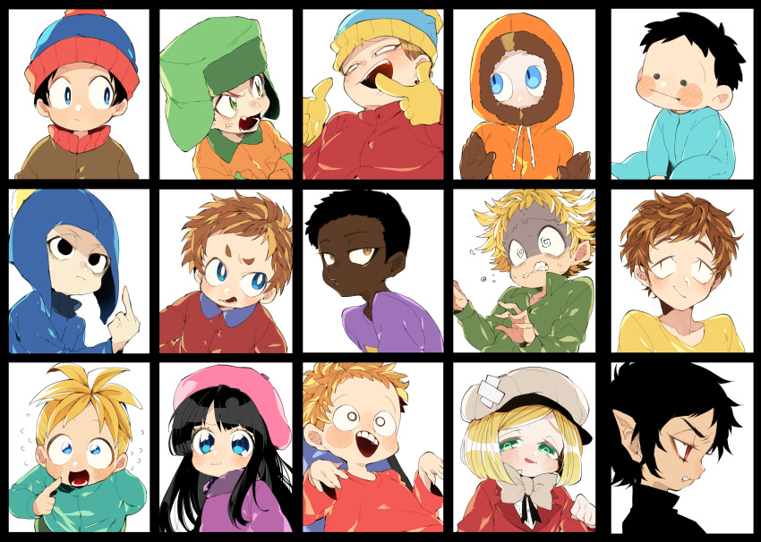 1girl, 6+boys, @_@, baby, beanie, beret, black_eyes, black_hair