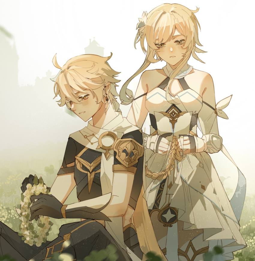 1boy, 1girl, aether_(genshin_impact), ahoge, arm_armor, armor, bare_shoulders, black_footwear, black_gloves, black_pants, black_shirt, blonde_hair, blush, boots, braid, breasts, brother_and_sister, brown_eyes, cape, castle, chinese_commentary, commentary_request, day, detached_sleeves, dress, earrings, feather_hair_ornament, feathers, fingerless_gloves, flower, genshin_impact, gloves, gold_trim, hair_between_eyes, hair_flower, hair_ornament, half-closed_eyes, hands_up, head_wreath, highres, holding, jewelry, leaf, long_hair, long_sleeves, looking_down, lumine_(genshin_impact), medium_breasts, orange_cape, orange_eyes, outdoors, pants, scarf, shirt, short_hair, short_sleeves, shoulder_armor, siblings, sidelocks, single_earring, sitting, sky, smile, standing, star_(symbol), teeth, thigh_boots, wanshan, white_dress, white_flower, white_footwear, white_scarf, white_sky, yellow_flower