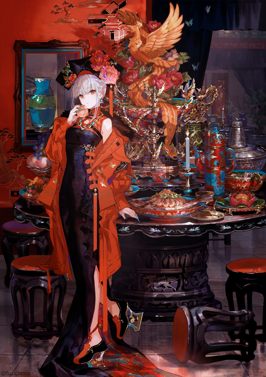 1girl, absurdres, aqua_nails, bare_shoulders, bird, black_dress, black_hat, blush