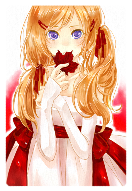blonde_hair, canada_(hetalia), covering_mouth, dress, genderswap, hair_ornament, hair_ribbon, hairclip