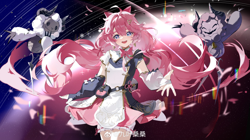 1girl, :d, absurdres, ahoge, arm_warmers, artist_name, bag, black_arm_warmers