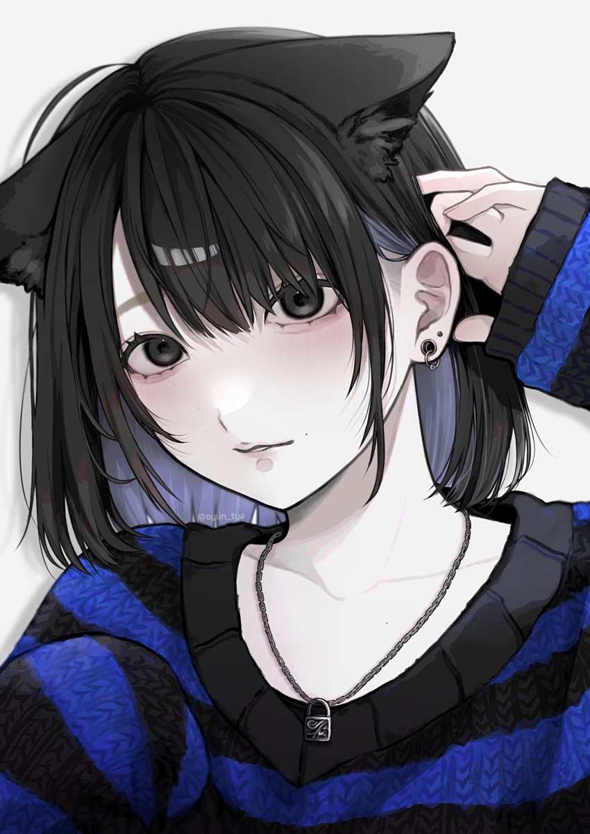 1girl, animal_ear_fluff, animal_ears, black_eyes, black_hair, black_sweater, blue_sweater, cat_ears