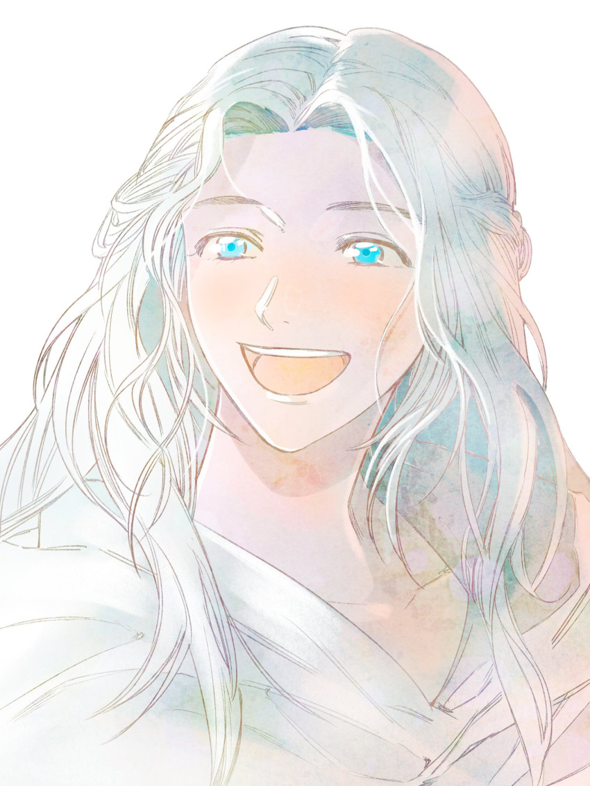 1girl, :d, blue_eyes, cheondo, collarbone, commentary_request, final_fantasy, final_fantasy_xiv, half_updo, happy, highres, hood, hood_down, korean_commentary, long_hair, looking_ahead, open_mouth, portrait, simple_background, smile, solo, venat_(ff14), white_background, white_hair