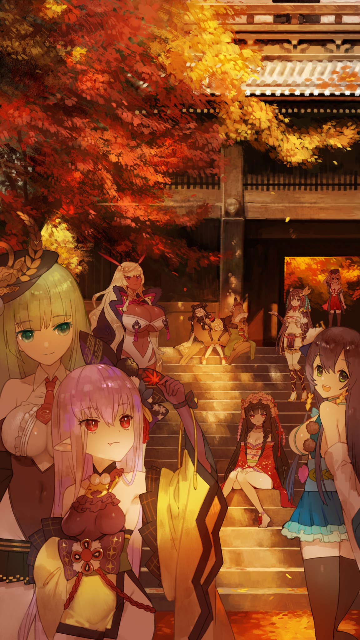 6+girls, autumn_leaves, bare_shoulders, black_hair, castle, dark-skinned_female, dark_skin, date_shigezane_(sengoku_bushouki_muramasa)
