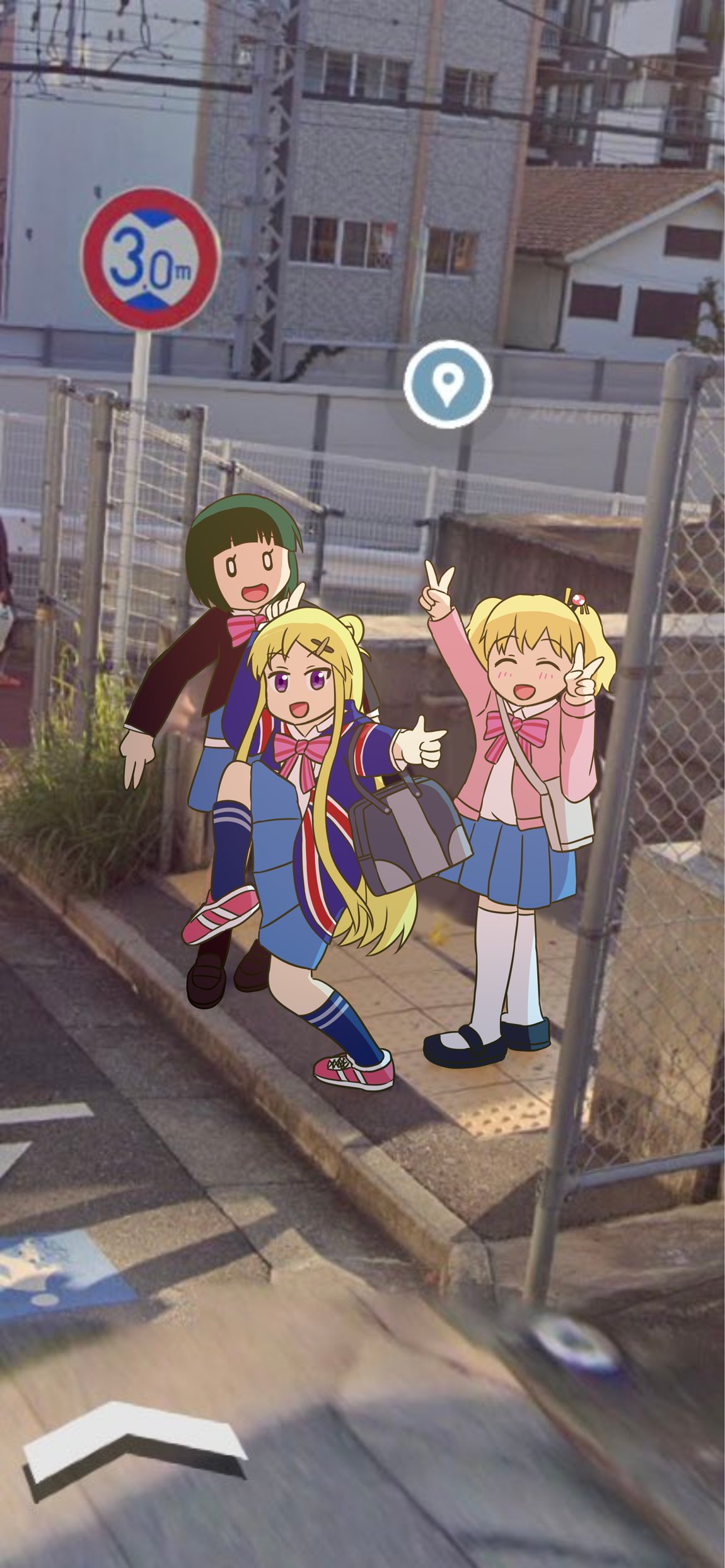 3girls, :d, ^_^, absurdres, alice_cartelet, arm_at_side, arm_up, arms_up, attamattama, bag, black_footwear, black_jacket, blank_eyes, blonde_hair, blue_jacket, blue_skirt, blue_socks, blue_vest, blunt_bangs, bow, cardigan, closed_eyes, collared_shirt, cropped_jacket, double_v, full_body, green_hair, gyaru_v, hair_ornament, hair_stick, hairclip, hand_up, heart-shaped_mouth, high_school_girls_posing_for_google_street_view_(meme), highres, hood, hood_down, hooded_jacket, index_finger_raised, jacket, kin-iro_mosaic, kin-iro_mosaic_high_school_uniform, kujou_karen, kujou_karen_pose, light_blush, long_hair, long_sleeves, mary_janes, medium_hair, meme, miniskirt, multiple_girls, oomiya_shinobu, open_cardigan, open_clothes, open_jacket, open_mouth, outdoors, outstretched_arm, photo_background, pink_bow, pink_cardigan, pleated_skirt, pointing, pointing_at_viewer, pointing_up, posing, red_footwear, red_stripes, school_bag, school_uniform, shirt, shoes, short_twintails, sidelocks, skirt, smile, socks, standing, standing_on_one_leg, striped_bow, thigh-highs, twintails, union_jack_print, v, very_long_hair, vest, violet_eyes, white_shirt, white_socks, winter_uniform, x_hair_ornament