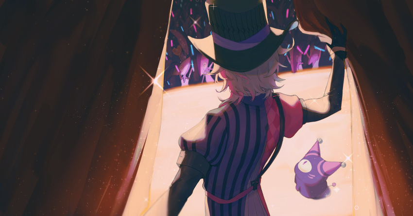 1boy, absurdres, argyle_clothes, argyle_coat, audience, bettelion_(gavis_bettel), black_gloves, blue_hair