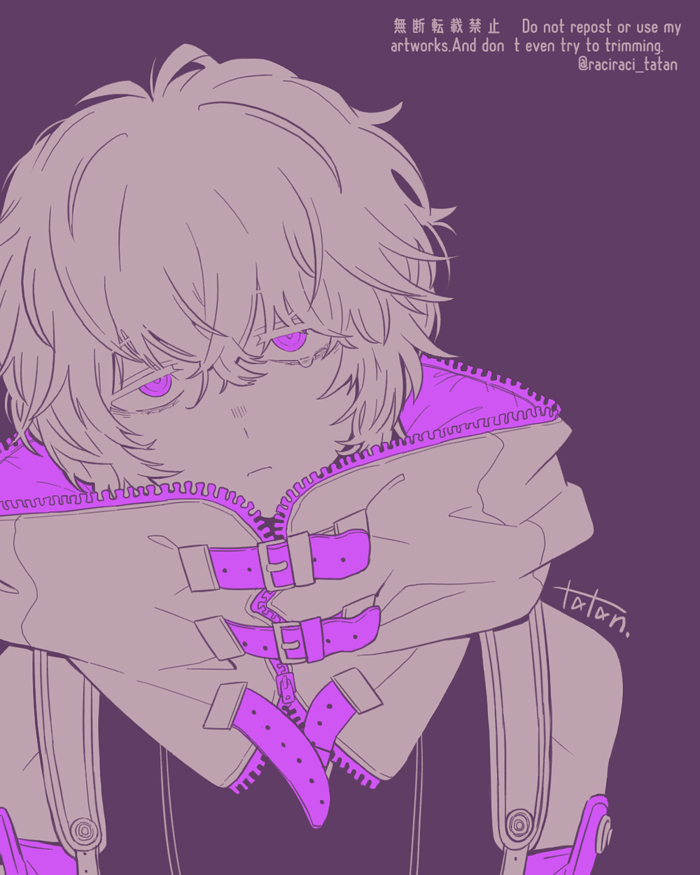 1boy, bags_under_eyes, bare_shoulders, detached_sleeves, gloves, gnosia, hair_between_eyes, highres