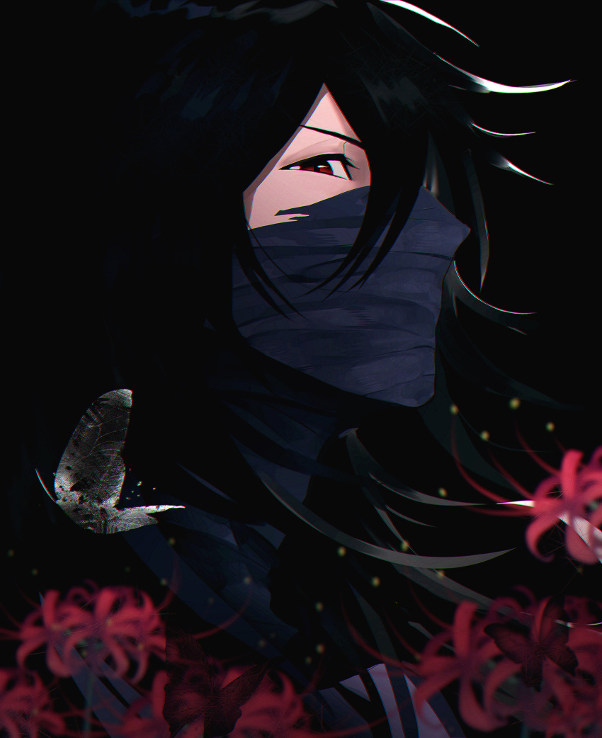 1boy, absurdres, black_hair, bleach, blurry, bug, butterfly, close-up