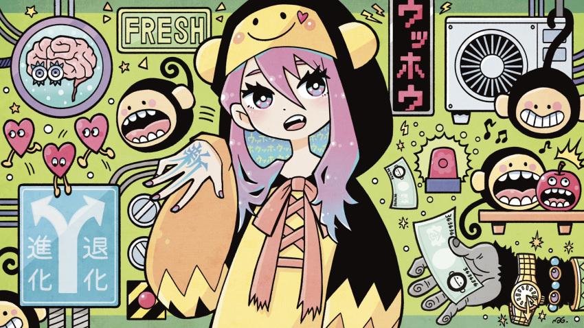 1girl, air_conditioner, alarm_siren, animal_hood, apple, banknote, black_jacket, blue_hair