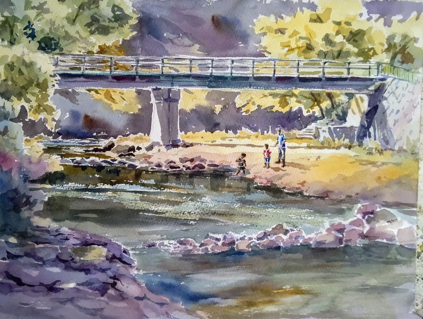 3boys, akemisuisai, bridge, child, father_and_son, multiple_boys, original, painting_(medium)