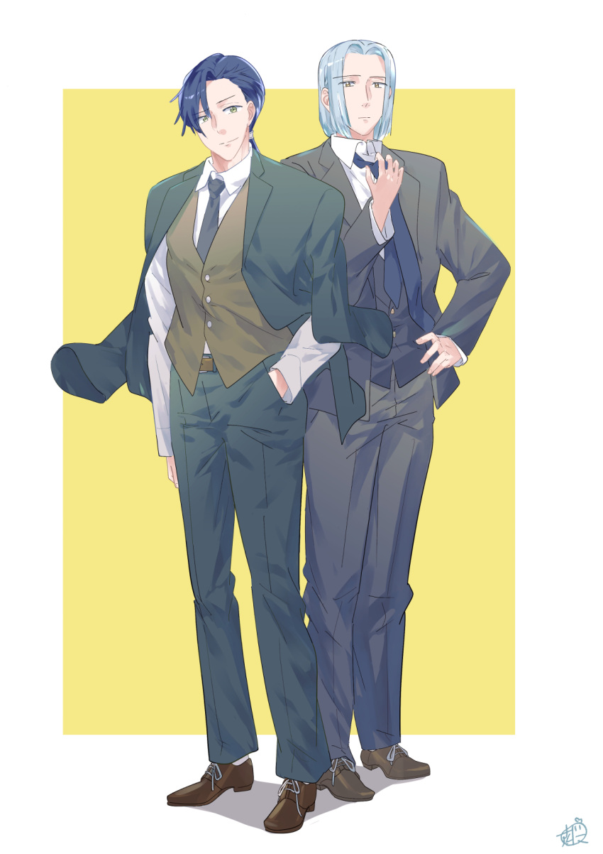 2boys, adjusting_clothes, adjusting_necktie, black_necktie, black_pants, black_suit, blue_hair, brown_footwear