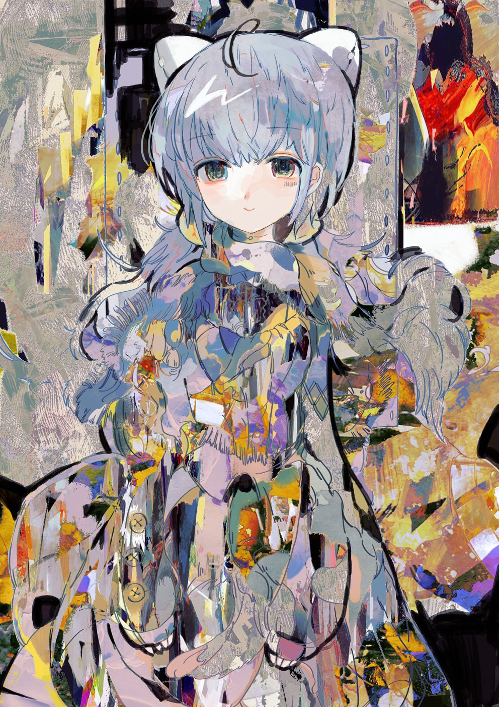 1girl, abstract, ahoge, arms_at_sides, closed_mouth, collage_background, commentary_request, dress