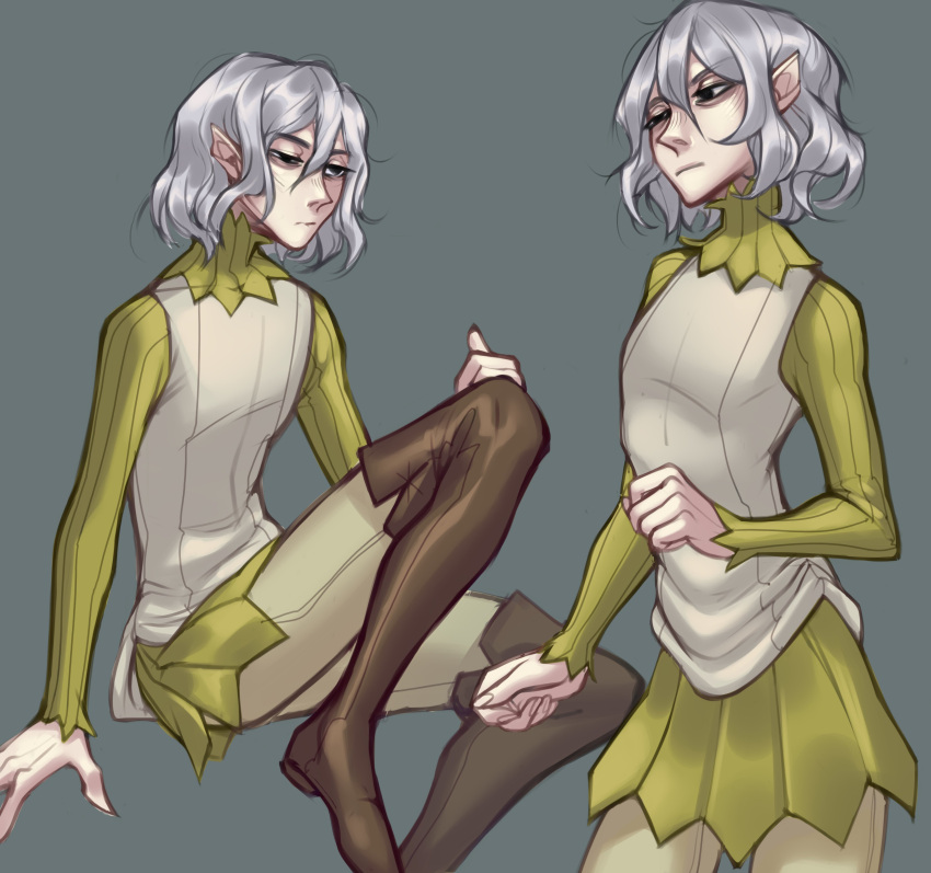 1boy, absurdres, bags_under_eyes, black_eyes, boots, dungeon_meshi, elf, full_body, grey_background, grey_hair, hand_on_own_knee, highres, lazy_eye, leg_up, long_sleeves, male_focus, mithrun, notched_ear, notched_ears, omoru00, pants, pointy_ears, shirt, short_hair, simple_background, sitting, solo, sweater, thigh_boots, tunic, uneven_eyes, wavy_hair