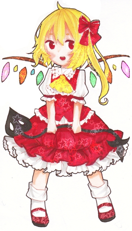 1girl, ascot, blonde_hair, bow, emico, flandre_scarlet, frilled_ascot, frilled_shirt_collar
