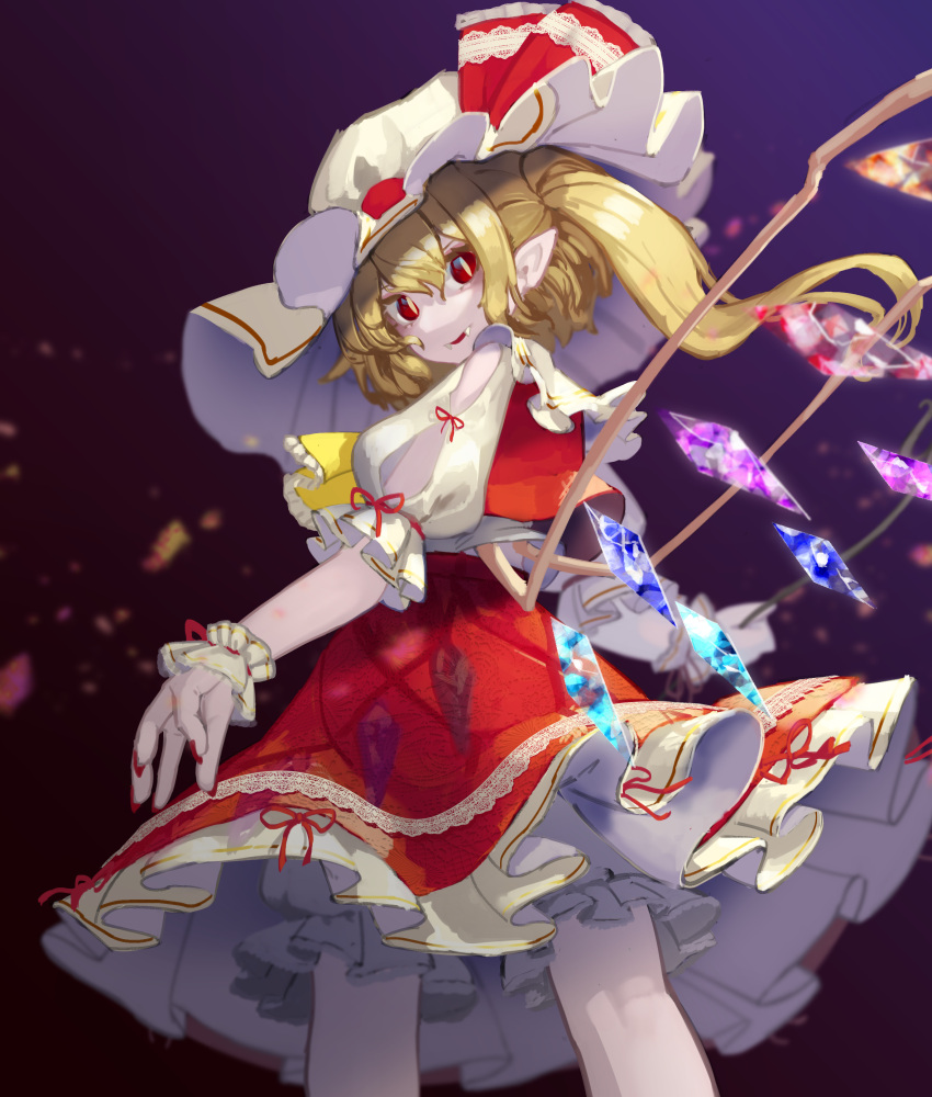 1girl, absurdres, ascot, blonde_hair, bloomers, collared_shirt, crystal, flandre_scarlet, frilled_ascot, frilled_shirt_collar, frilled_skirt, frills, from_behind, from_below, gradient_background, hat, highres, large_hat, long_hair, looking_at_viewer, looking_back, mob_cap, multicolored_wings, nail_polish, one_side_up, pointy_ears, puffy_short_sleeves, puffy_sleeves, purple_background, red_eyes, red_nails, red_ribbon, red_skirt, red_vest, ribbon, shirt, short_sleeves, skirt, skirt_set, sleeve_ribbon, solo, sp;p, touhou, vest, white_bloomers, white_hat, white_shirt, wings, wrist_cuffs, yellow_ascot, zakozako_y