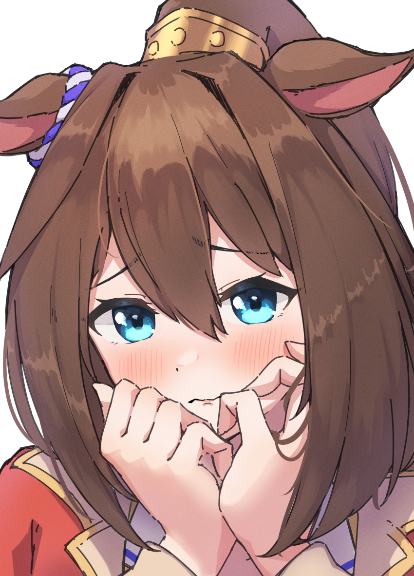 1girl, absurdres, animal_ears, beautifulinsnow, blue_eyes, blush, closed_mouth, commentary_request, covering_own_mouth, ear_ornament, ears_down, el_condor_pasa_(umamusume), hair_between_eyes, highres, horse_ears, horse_girl, jacket, long_hair, long_sleeves, looking_at_viewer, no_mask, ponytail, red_jacket, simple_background, solo, umamusume, upper_body, wavy_mouth, white_background