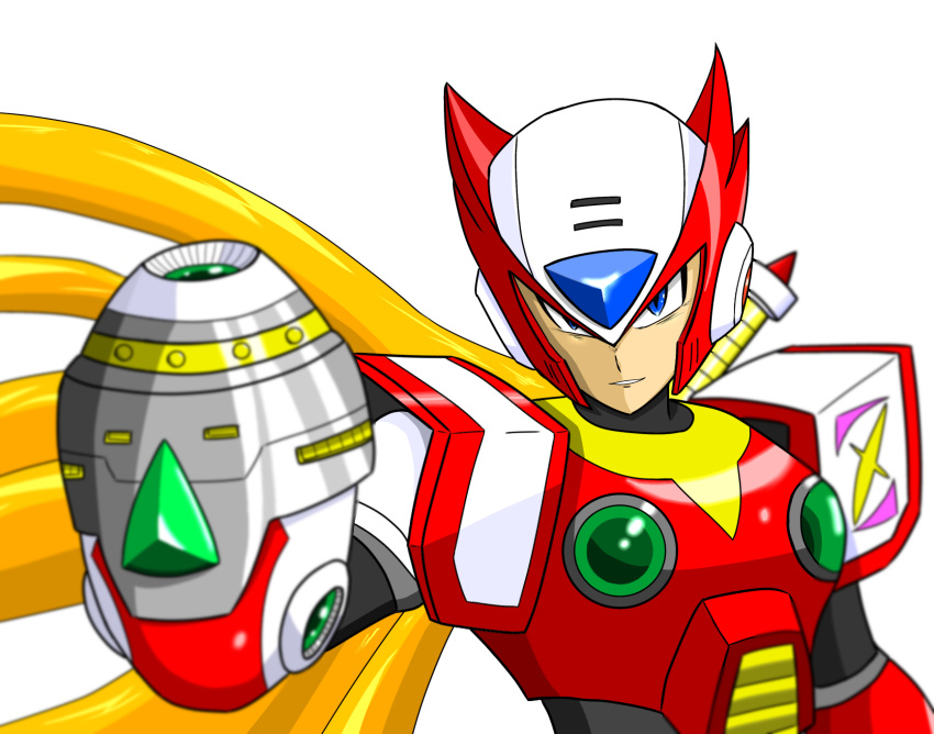 1boy, android, arm_cannon, armor, blonde_hair, blue_eyes, chest_jewel, highres, long_hair, looking_at_viewer, mega_man_(series), mega_man_x_(series), red_armor, smile, solo, weapon, zam-8192, zero_(mega_man), zero_buster