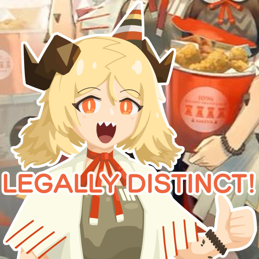 1girl, arknights, blonde_hair, bracelet, bright_pupils, bucket, chicken_(food), english_commentary