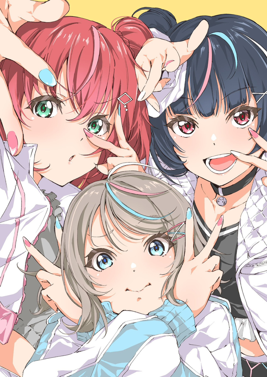 blue_eyes, blue_hair, brown_hair, green_eyes, highres, jacket, jewelry, kurosawa_ruby, love_live!, love_live!_sunshine!!, midriff, multicolored_hair, multiple_girls, necklace, ninagawa_jin, red_eyes, redhead, short_hair, simple_background, streaked_hair, tsushima_yoshiko, v, watanabe_you, yyy_(love_live!)