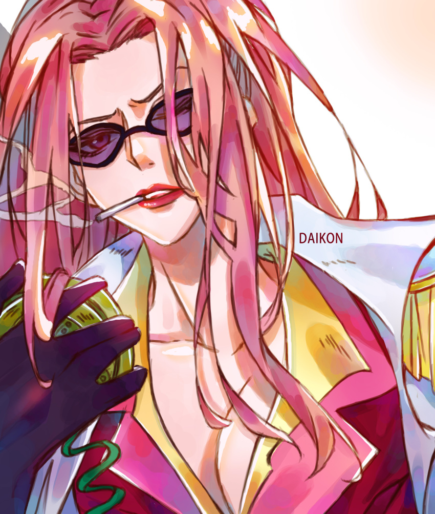 1girl, absurdres, artist_name, cigarette, coat, coat_on_shoulders, daikon_illustrations, epaulettes, highres, hina_(one_piece), holding, long_hair, looking_at_viewer, mixed-language_commentary, one_eye_closed, one_piece, pink_hair, purple-tinted_eyewear, red_lips, shirt, smoke, solo, sunglasses, tinted_eyewear, upper_body, white_coat, yellow_shirt