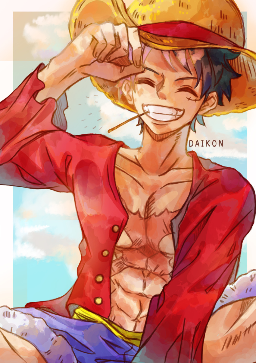 1boy, ^_^, abs, absurdres, artist_name, black_hair, blue_shorts, closed_eyes