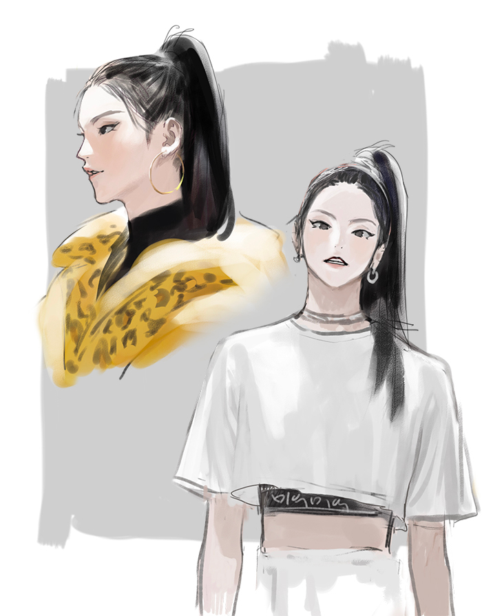 1girl, black_hair, blue_eyes, earrings, itzy, jewelry, k-pop, korean_text