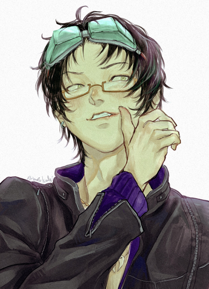 1boy, arimoto_wada_dji, black_hair, glasses, gnosia, goggles, green_hair, highres