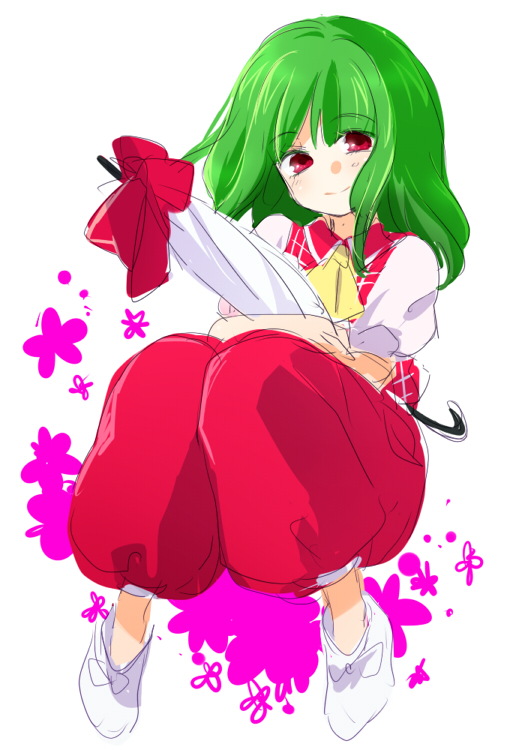 closed_umbrella, green_hair, kazami_yuuka, kazami_yuuka_(pc-98), matyinging, pants, plaid_vest, red_eyes, sitting, sketch, smile, solo, touhou, touhou_(pc-98), umbrella, young