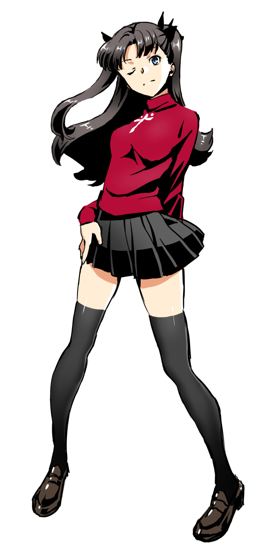 1girl, absurdres, arm_behind_back, black_eyes, black_hair, black_ribbon, black_skirt, black_thighhighs