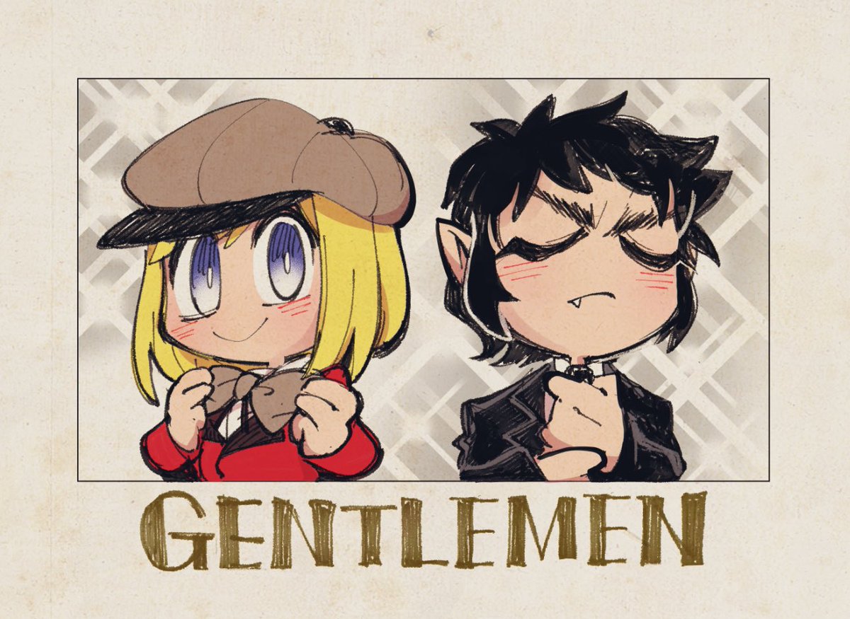 2boys, adjusting_bowtie, adjusting_clothes, adjusting_necktie, black_hair, blonde_hair, blue_eyes, blush