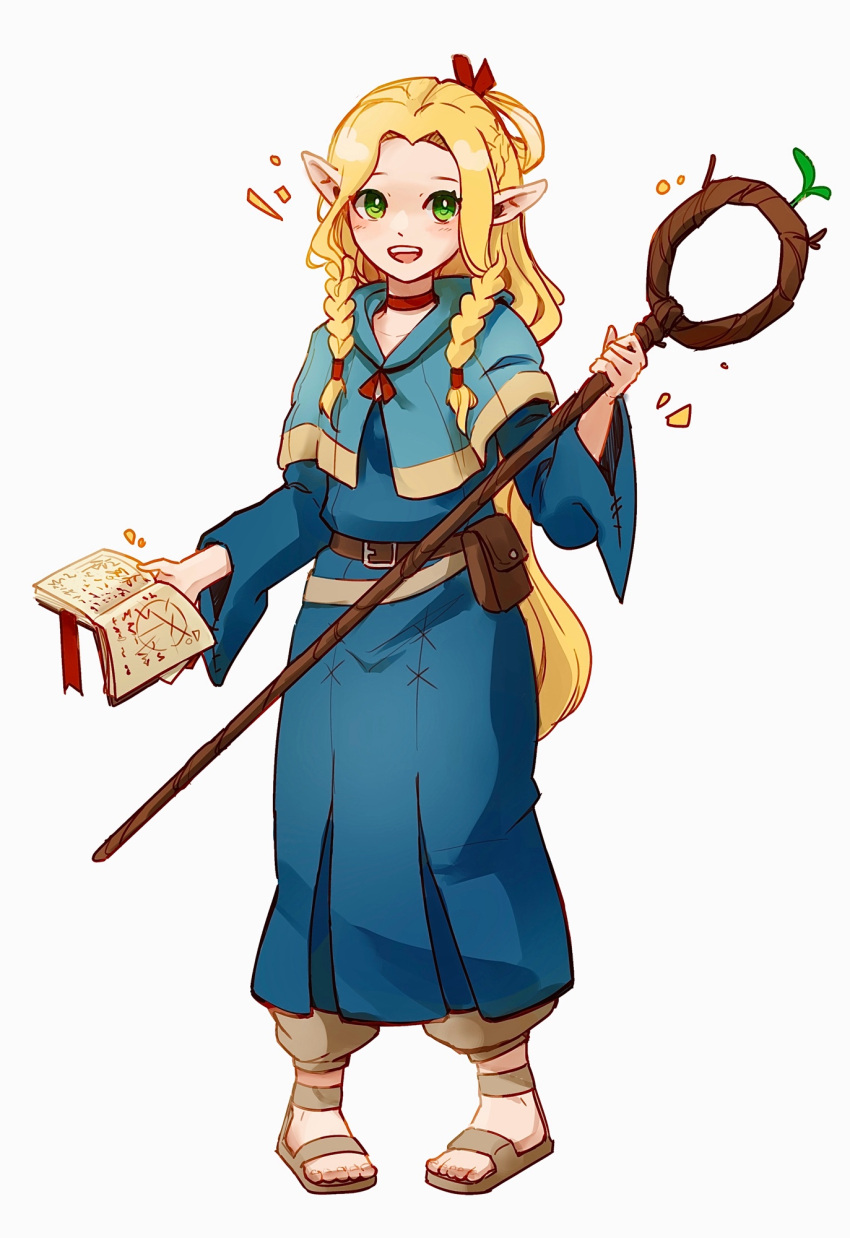 1girl, ambrosia_(dungeon_meshi), blonde_hair, blue_capelet, blue_dress, book, braided_sidelock, brown_pants, capelet, ceresria, commentary, dress, dungeon_meshi, full_body, green_eyes, hair_rings, highres, holding, holding_book, holding_staff, long_hair, marcille_donato, pants, pointy_ears, pouch, sandals, solo, staff, very_long_hair